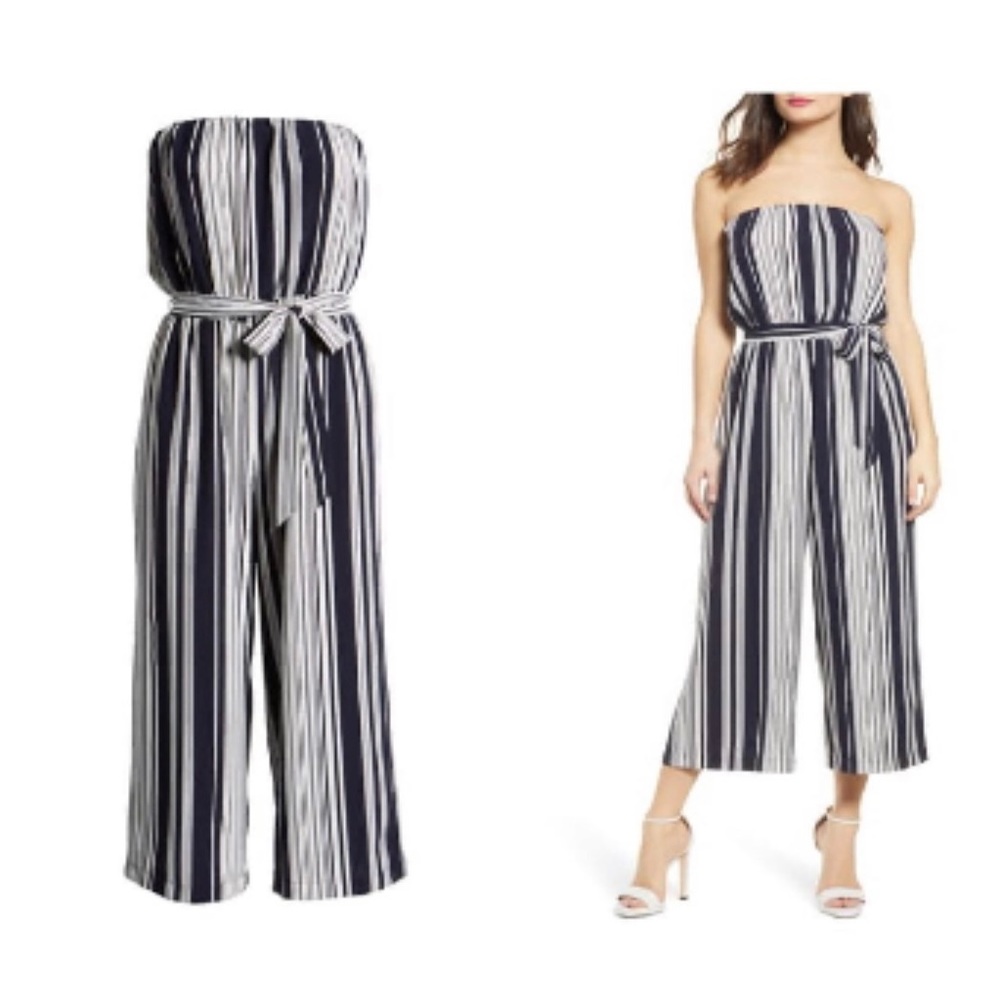 Socialite Navy Stripe Strapless Crop Jumper - Small